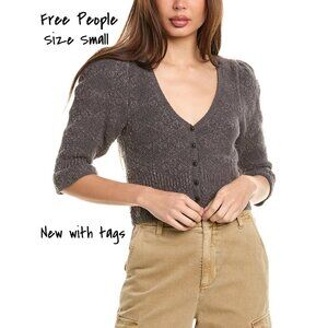 Free People Puff Sleeve Cropped Cardigan in Grey, Size Small - New with Tags
